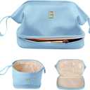 Monogrammed Gift for Women Girls, Initial Makeup Bag, Personalized Double Layer Cosmetic Bag with Makeup Brush Organizer, Large Capacity PU Leather Travel Toiletry Bag, Sister Gifts (Blue)
