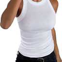 GEMBERA Womens Sleeveless Racerback High Neck Casual Basic Cotton Ribbed Fitted Tank Top (Medium, White)