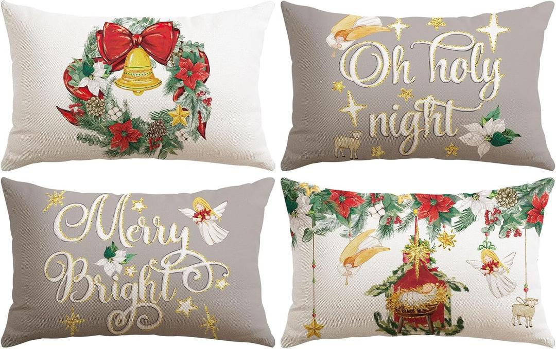 Artscope Christmas Oh Holy Night Merry Bright Jesus Wreath Throw Pillow Covers 12x20 Inch Set of 4, Winter Hoilday Christmas Decoration Pillow Cases for Home Sofa Couch Decor-Grey