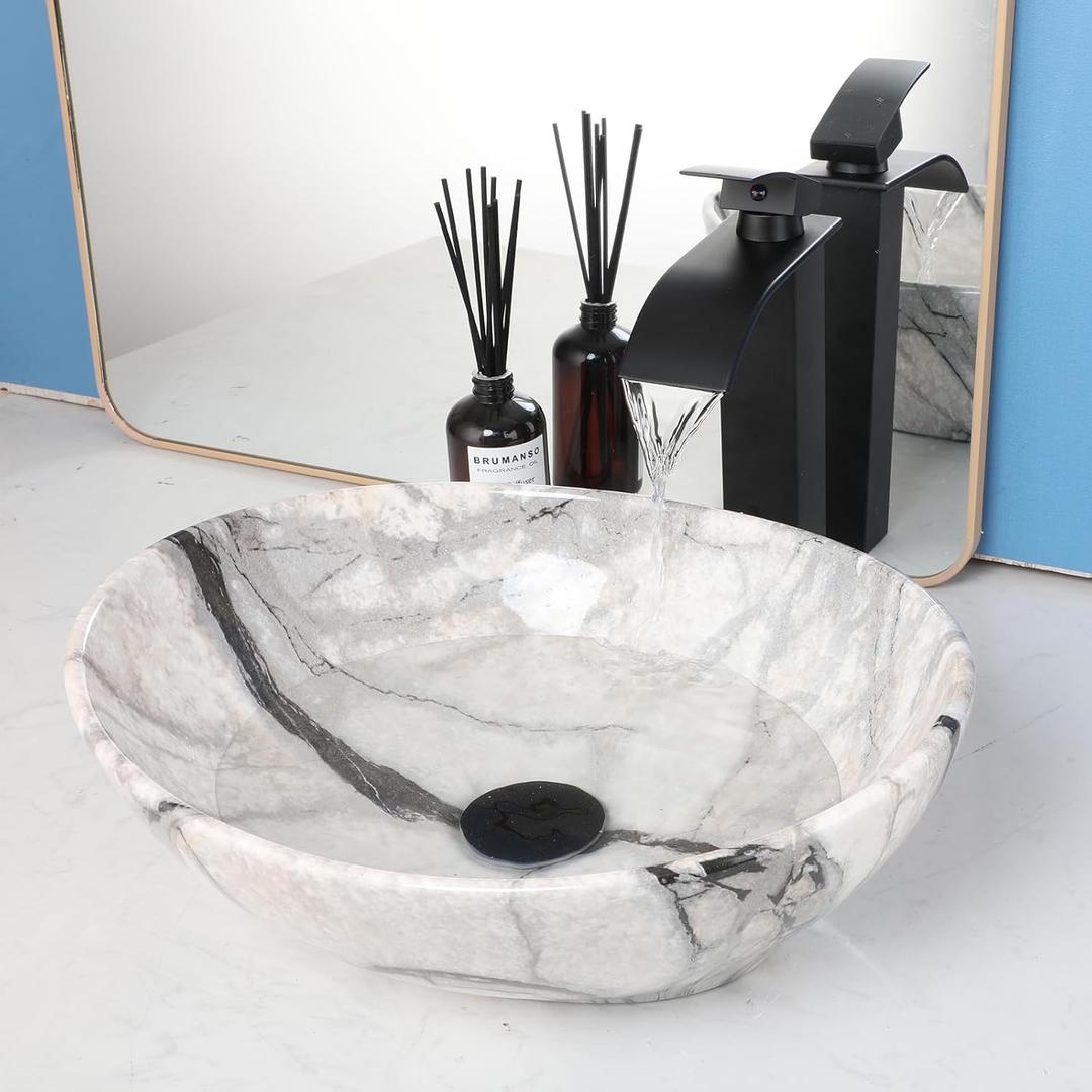 White Marbling Bathroom Vessel Sink With Black Faucet And Drain 16"x13" Oval Vessel Sink Ceramic Basin Bowl White Black Marble Bathroom Sinks Above Counter Bowl Sinks For Bathroom, 16x13x5.5 inches