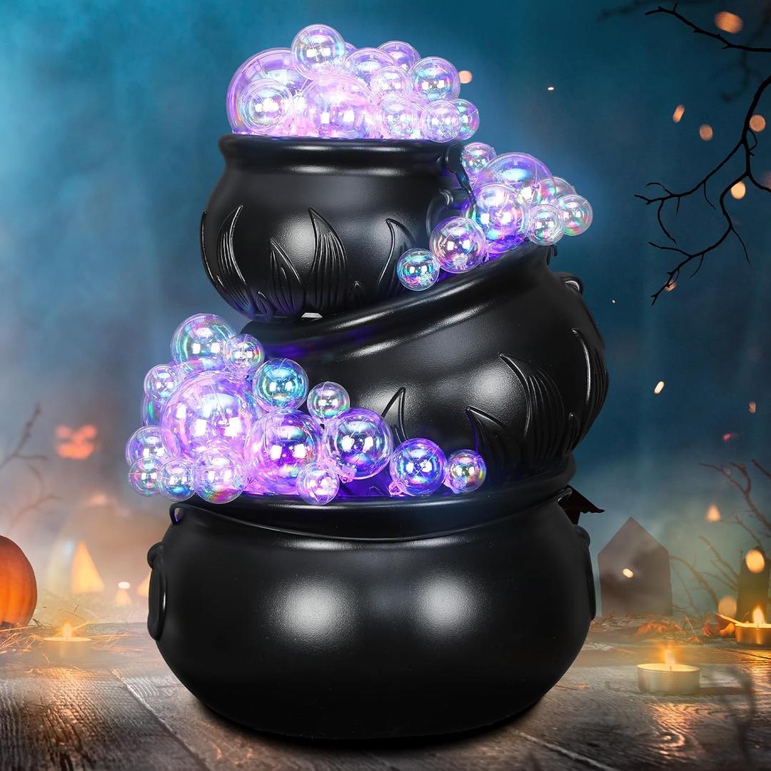3 Sets Halloween Decorations Indoor, DIY Witches Bubbling Cauldron Set with Light, Halloween Party Decor Black Witch Plastic Cauldron Decorations for Kitchen Room Party Table, 3 Sizes