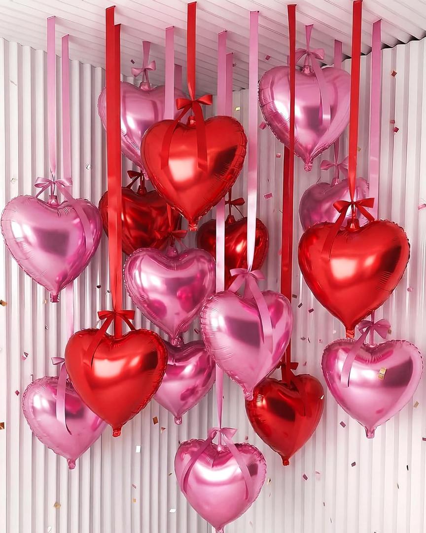 Jenaai 30 Sets Heart Foil Balloons Bulk, 30 18" Heart Balloons, 30 Satin Bows for Balloon and 2 Pcs Ribbons, Love Foil Balloon for Wedding Party Supplies Bridal(Pink, Red)