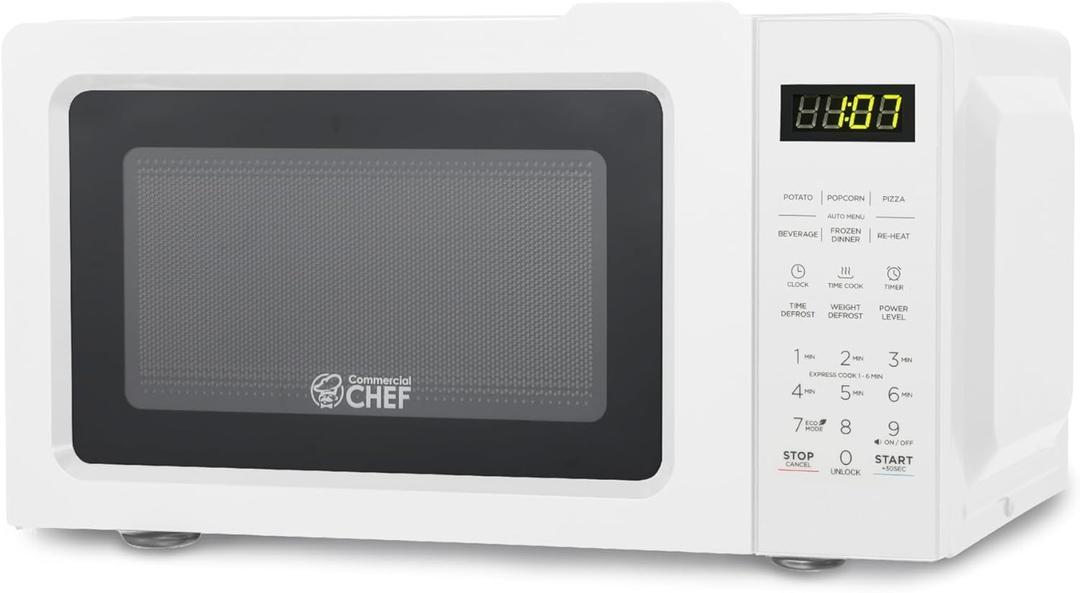 COMMERCIAL CHEF 0.7 Cubic Foot Microwave with 10 Power Levels, Small Microwave with Pull Handle, 700W Countertop up to 99 Minute Timer and Digital Display, White 