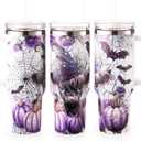 40oz Skull Flower Tumbler With Lid and Straw, 40oz Tumbler Wrap, Stainless Steel Insulated Tumbler for Water, Iced Tea or Coffee (Purple Pumpkin Bat)