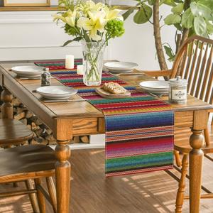 Artoid Mode Colorful Stripes Serape Mexican Table Runner, Mexico Dia De Los Muertos Fiesta Kitchen Dining Table Decoration for Home Party Decor 13x72 Inch