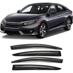 Tape-On Rain Guard 4-Piece for 2012-2016 Honda Civic Sedan 4dr Windows Visor Shield Shade Smoke 94462 (Black)