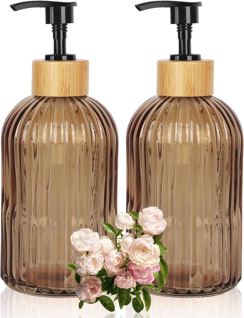 Ulable Amber Glass Soap Dispenser with Pump, 2 Pack 13.5oz Vertical Stripe Design Hand Soap Dispenser for Hand Wash, Dish Wash, Elegant Dispenser for Bathroom and Kitchen