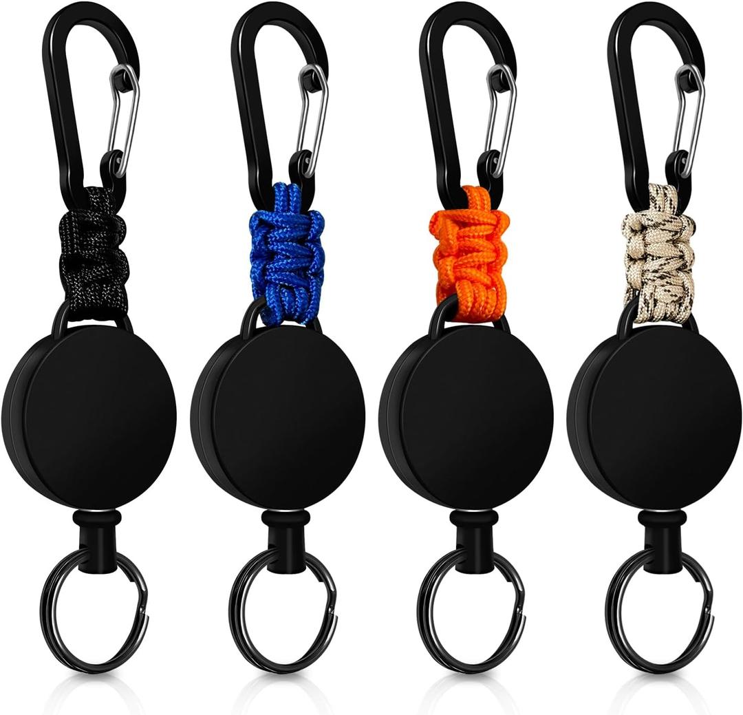 Retractable Keychain 4 Pieces Heavy Duty Carabiner Badge Holder Retractable Badge Reel ID Holder Extendable Key Ring Key Holder with 23.6 Steel Cord and Paracord(Black + Beige + Blue + Orange)