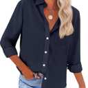 Womens Button Down Shirts Cotton Dress Shirts Oxford Shirts Long Sleeve Work Blouses Collared Tops Tunics with Pocket (Medium, Navy Blue)