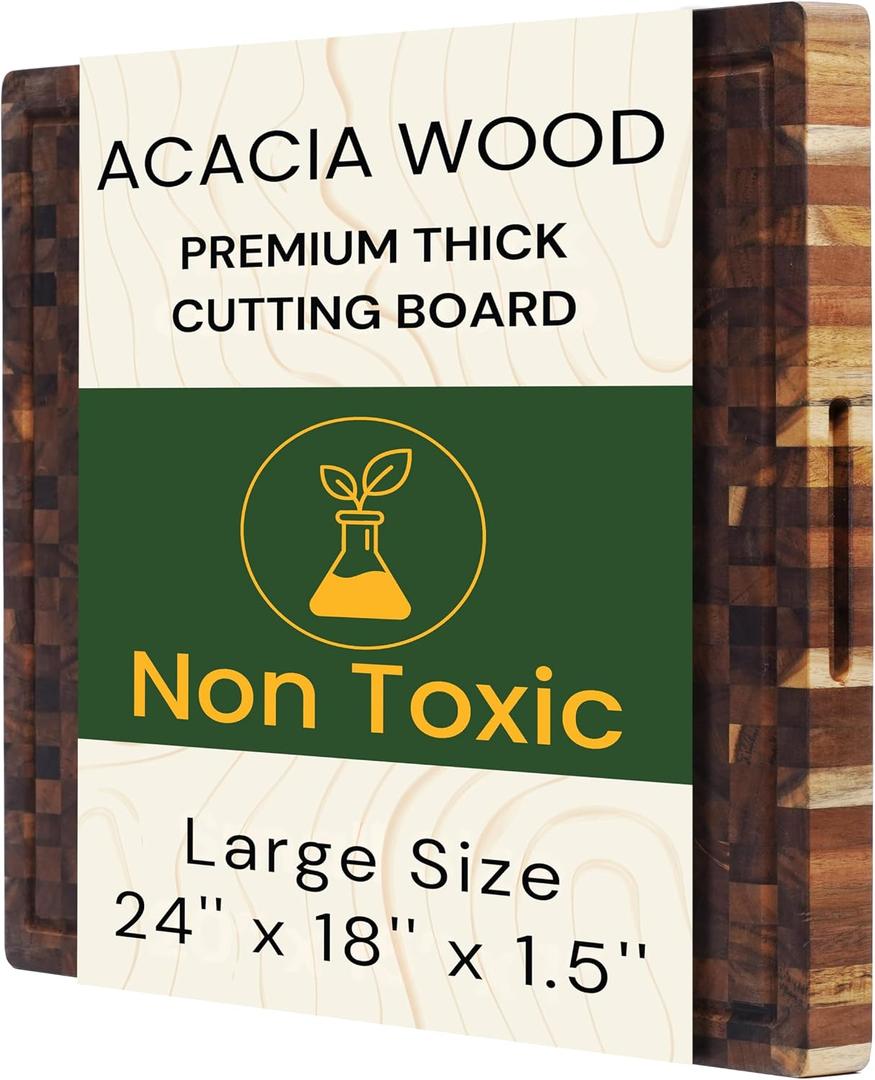 Premium Acacia Wood Cutting Board 20" x 15" x 1.5" | Extra Thick End Grain Butcher Block, Deep Juice Groove & Handles | Non-Toxic, Knife-Friendly Hardwood for Meat Carving & Serving by New M Way, 24"L x 18.1"W