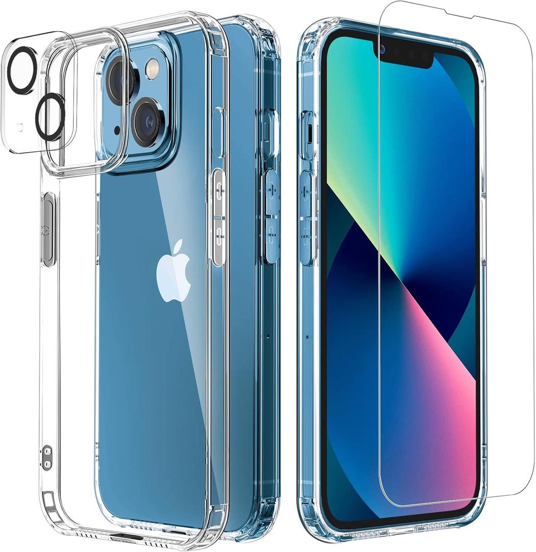[5 in 1 Designed for iPhone 13 Clear Case with Screen Protector[2 Pack] +Camera Lens Protector[2 Pack], Military Grade Drop Protection Transparent Cover 6.1 Inch
