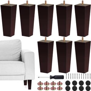 TURSTIN Set of 8 Furniture Legs 6 Inch Square Solid Wood Couch Legs Replacement Sofa Legs Mid Century Furniture Feet for Armchair Bed Dresser Cabinet Include Installation Hardware, Brown