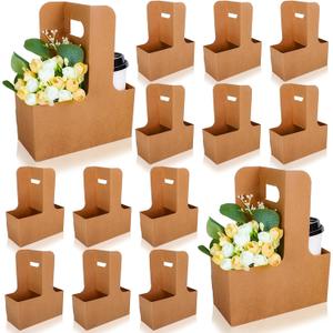 Whaline Mother's Day Kraft Flower Gift Bags 20Pcs Drink Carrier with Handle to 2 Cup Floral Wrap Packing Box Paper Holder Basket for Teacher Appreciation Week Wedding Birthday Party Gift Decor