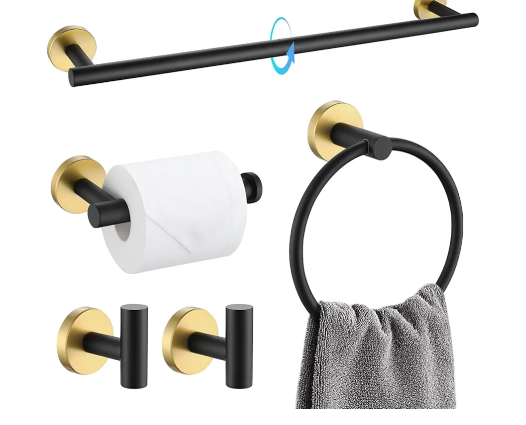 TQKAG Black and Gold Bathroom Accessory Set 5 Pieces, Round Stainless Steel Bath Towel Bar Set 23.6 Inch Towel Racks for Bathroom Wall Mounted