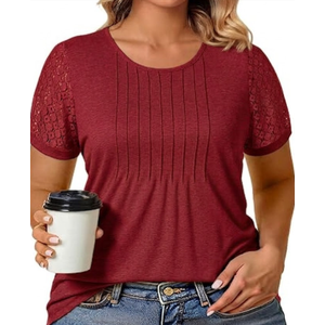 Plus Size Shirts for Women Summer Lace Short Sleeve Tees Workout Pleated Tops Casual Tunics Rust Red 2XL