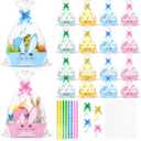 Zoketriton 24 Sets Easter Gift Basket Empty with Cellophane Bags, Bunny Cardboard Gift Basket Bulk with Pull Bows Ribbons to Fill for Spring Easter Gift Wrapping Storage Birthday Party Decor (Pink blue)