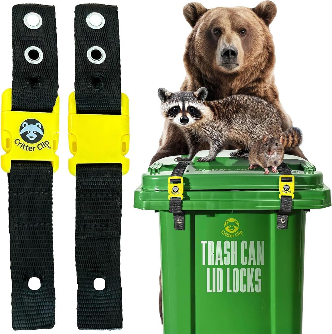 Critter Clip Trash Can Locks for Animals Heavy Duty Bear Proof Trash Can Lid Lock with Buckles and Straps for Outdoor Use Racoon Straps for Garbage Lids Quick Setup Deterrent for Securing Bins-2PCS