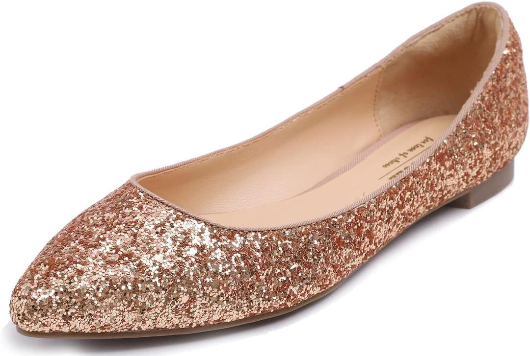 FEVERSOLE Women's Macaroon Colorful Memory Foam Cushion Insock Patent Ballet Flat, Glitter Rose Gold Pointed, 9