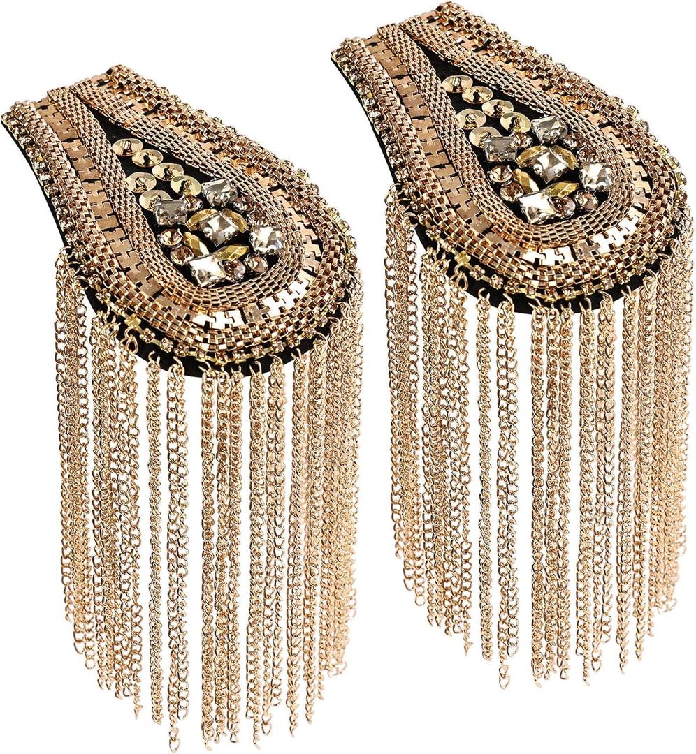 2 Pcs Gold Epaulets,Sequined Tassel Epaulets Punk Epaulettes Shoulder Pads for Women Men Jackets Suit Uniforms Cosplay