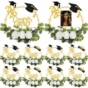 Yunsailing 8 Set 2026 Graduation Centerpiece Class of 2026 Table Photo Display Stand Decor with 8 Hoop Centerpiece 16 Toppers 48 Artificial Flowers and Leaves for Grad DIY Craft Party(Gold and White)