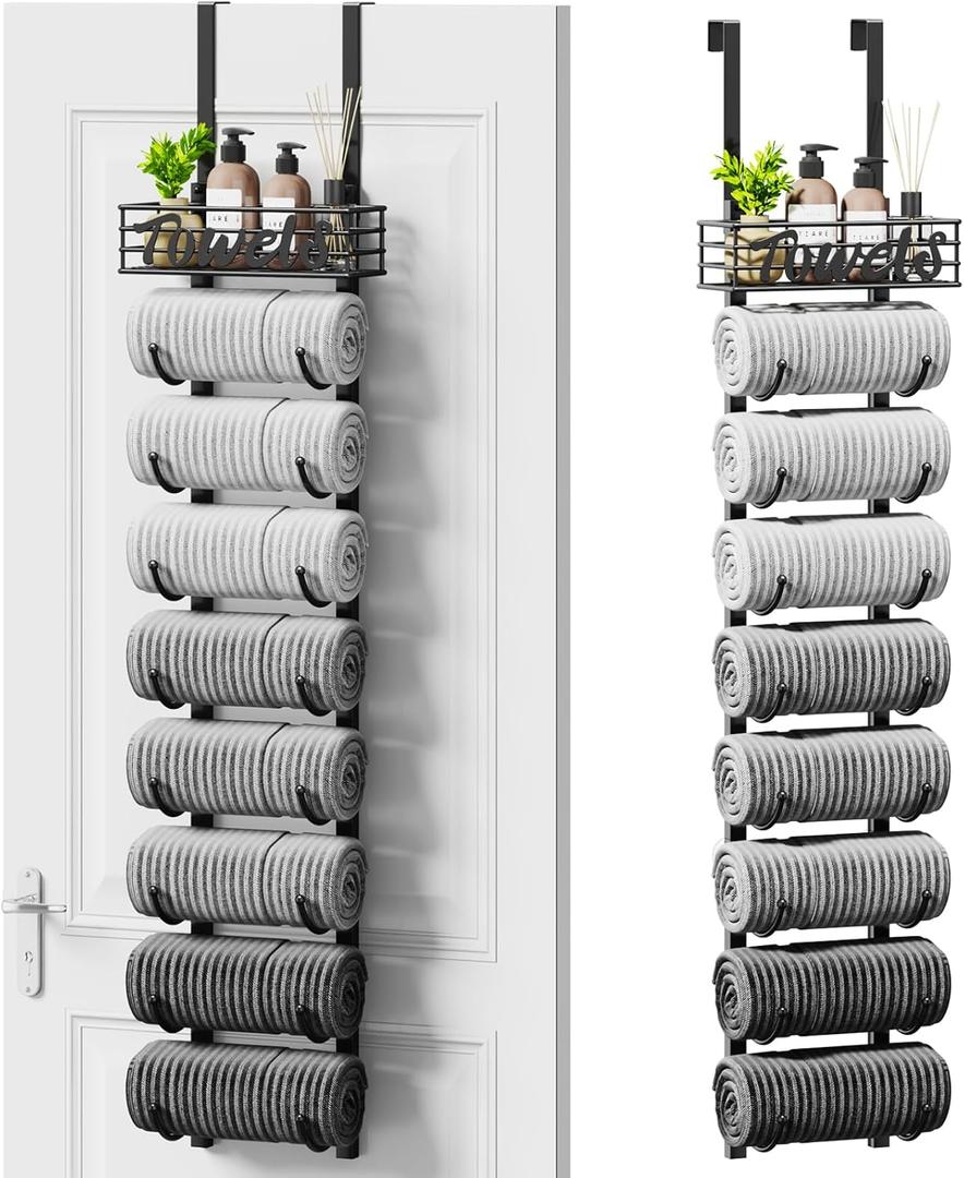 SWTYMIKI Hanging Towel Racks for Bathroom - 9 Tier Over The Door & Wall Mounted Bath Rolled Towel Storage Organizer Holder for Small Bathroom, RV, Camper, Black (Patented)