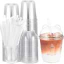 50 Set Plastic Cups with Lids and Straws, Disposable Clear Iced Coffee Cup with Lids Round Bottom Plastic Cup for Cold Beverage Drinks Juice Smoothie Coffee Party(Panda Lid,12 oz)