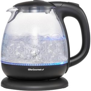 Elite Gourmet EKT1024 1L Electric Glass Tea Kettle, BPA-Free Hot Water Boiler with Blue LED, Fast Boil & Auto Shut-Off, Black