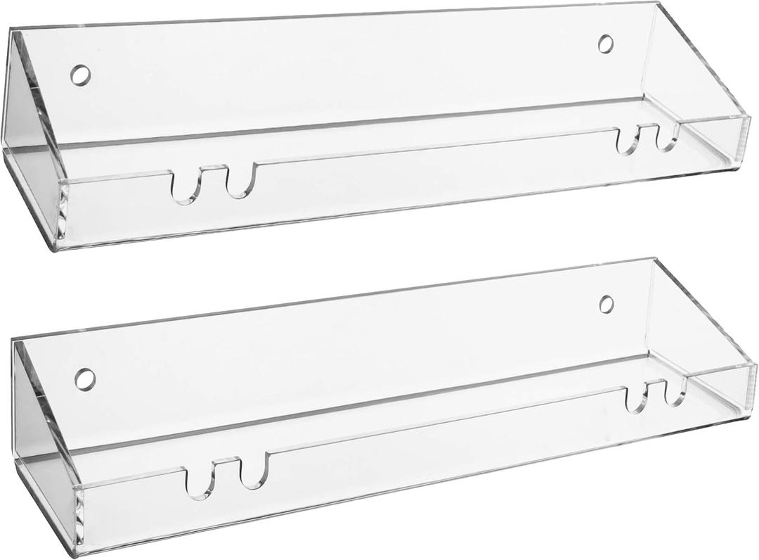 AMT 2 Pack Acrylic Floating Shelves, 15"L x 4.8"W, Clear Bathroom Wall Shelves, Bookshelves, Invisible Shelf For Office, Bedroom, Kitchen, Design with Hanging Slots for Sponge, Free Screws & Drill Bit AMT 2 Pack Acrylic Floating Shelves, 15"L x 4.8"W, Clear Bathroom Wall Shelves, Bookshelves, Invisible Shelf For Office, Bedroom, Kitchen, Design with Hanging Slots for Sponge, Free Screws & Drill Bit