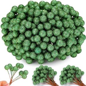 500 Pcs Artificial Holly Berries, Mini 10 mm Christmas Fake Berry with Stem Berry Picks for Xmas Tree Home Decoration Wreath DIY Craft Winter Holiday Party(Green,Glitter)