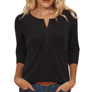 Uhiger Womens Black Button Down Shirt Henley V Neck Tops 3/4 Sleeve Tunic Tps for Women Loose Fit Dressy Blouses Business Casual Spring Summer Clothes Vacation Travel Outfit (XL)