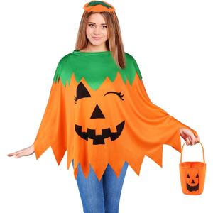 LOAVER 3 Pcs Halloween Pumpkin Costume for Women Adults,Pumpkin Poncho with Headband and Candy Bag for Halloween Costume Trick Or Treat Cosplay Party Accessories