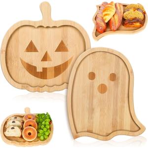 Whaline 2Pcs Halloween Charcuterie Board Pumpkin Ghost Serving Trays Bamboo Cheese Platter Tray Appetizer Boards Party Serving Platters for Home Party Dinnerware Supplies