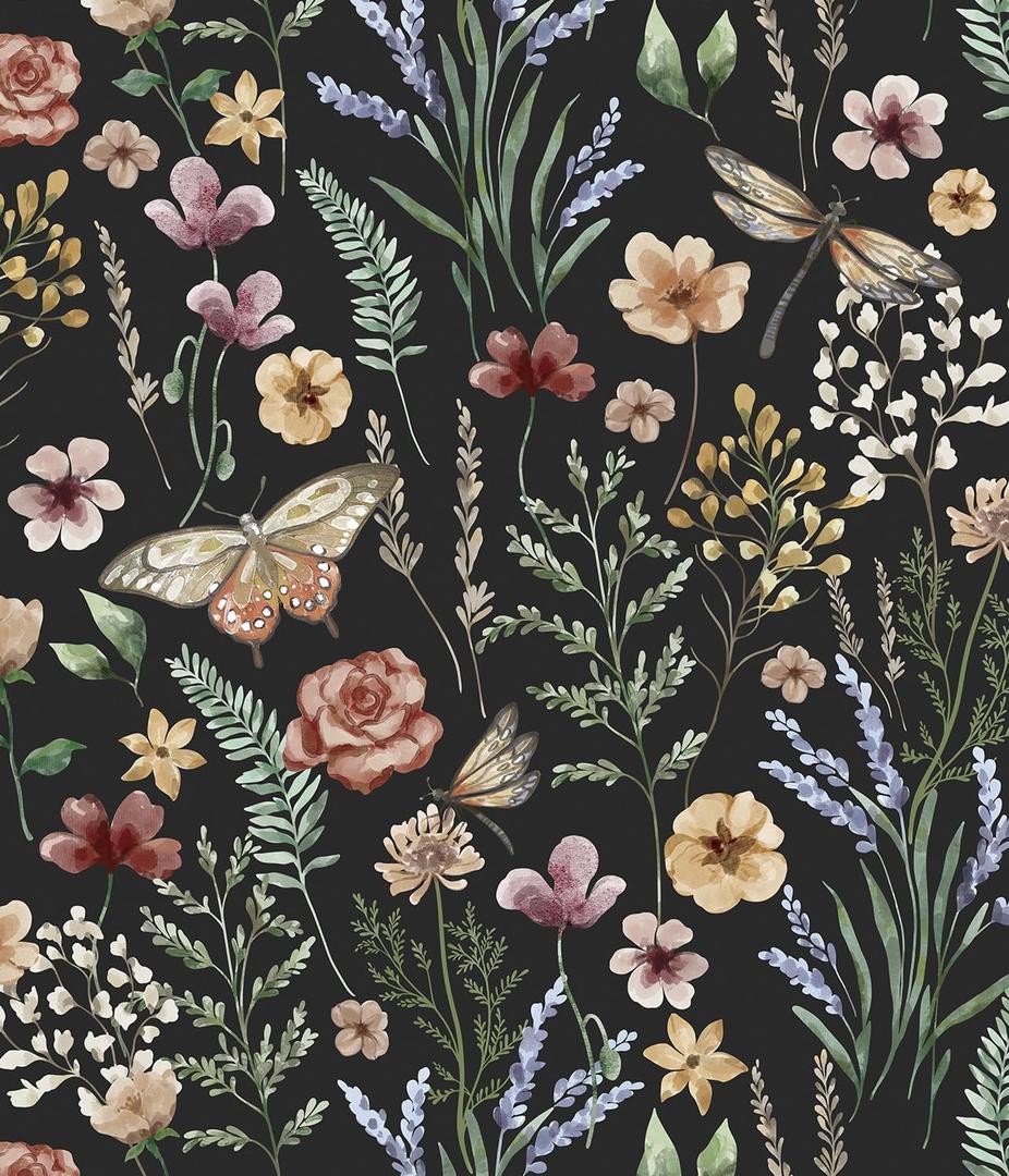 Orainege Vintage Floral Wallpaper Peel and Stick Wallpaper Boho Floral Contact Paper 16.9in x 118.1in Self Adhesive Wall Paper for Bedroom Cabinets Decor Removable,Black