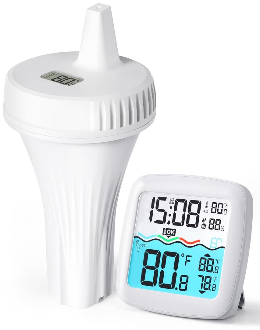 Wireless Pool Thermometer Floating Easy Read, IPX8 Waterproof Digital Water Temperature Monitor, Instant Display with 2 Sealing Wrenches for Swimming Pool, Spa, Hot Tub, Cold Plunge