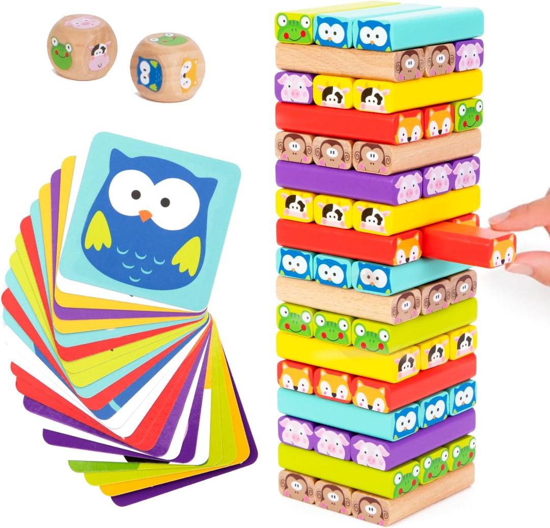 Nene Toys Wooden Tumble Tower Game with Animals & Colors, 4-in-1 Educational Family Board Game for Kids Ages 3-9, Creativity & Cognitive Skills Booster - Gift for Boys Girls 3+ Years