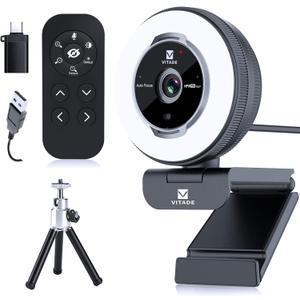 Zoomable Webcam with Remote Control, 1080P 60FPS Streaming Webcam with Adjustable Ring Light and Tripod, Pro USB 5X Digital Zoom Webcam for Zoom/Skype Teams/Laptop/Mac Windows