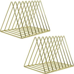 EASEPRES 9 Slot Magazine Rack Book Record Holder, Desktop Iron Storage Rack Bookshelf Multifunction Triangle File Organizer Sorter for Decor Home Office, Golden Pack of 2