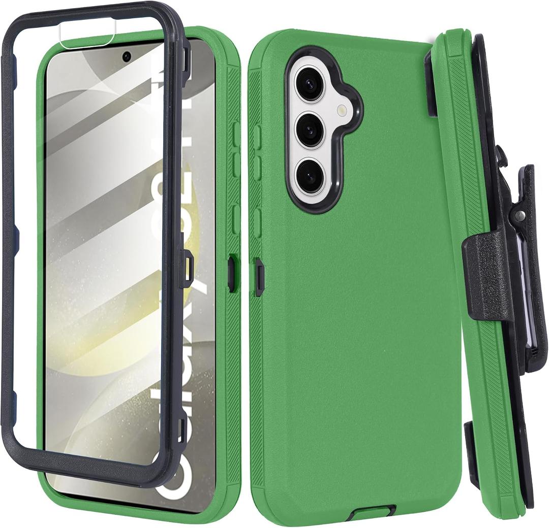 Compatible for Samsung Galaxy S25 Case with Rotating Belt Clip Holster & Built-in Screen Protector, Heavy Duty Shockproof Rugged Armor Protective Cover with Kickstand (Green)
