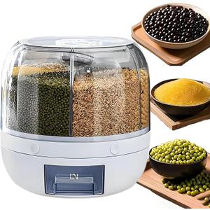 Rotating Grain Storage Bin 6 Grids Rice Container One-Click Output Large Capacity Food Dispenser For Rice Grains Sealed Moisture Proof Organizer (Small)