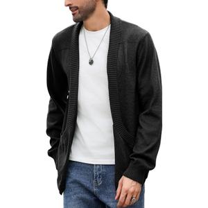 Men's Shawl Collar Long Sleeve Cardigan Knit Open Front with Pockets (X-Large, Black)