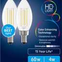 GE Reveal LED Light Bulbs, Candle Lights, 60 Watts, Clear Decorative B11 Bulbs, Small Base (2 Pack)