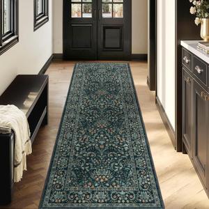 Woaboy Washable 2x6 Runner Area Rug, Hallway Kitchen Bedroom Beside Laundry Room Bathroom RugNon-Slip Low Pile Stain Resistant Soft Carpet for Vintage Boho Floral Home Decor Dark Green/Navy/Black