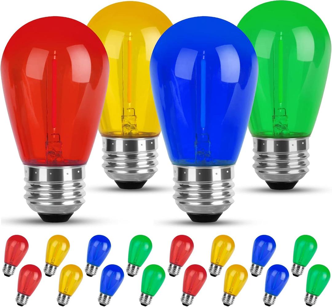 Colored Led String Light Bulbs16 Pack for Replacement, S14 Multi-Color Bulb with E26 Screw Base, Red/Green/Blue/Yellow RGB Bulbs for Wedding Christmas Party Bar Mood Ambiance Decor