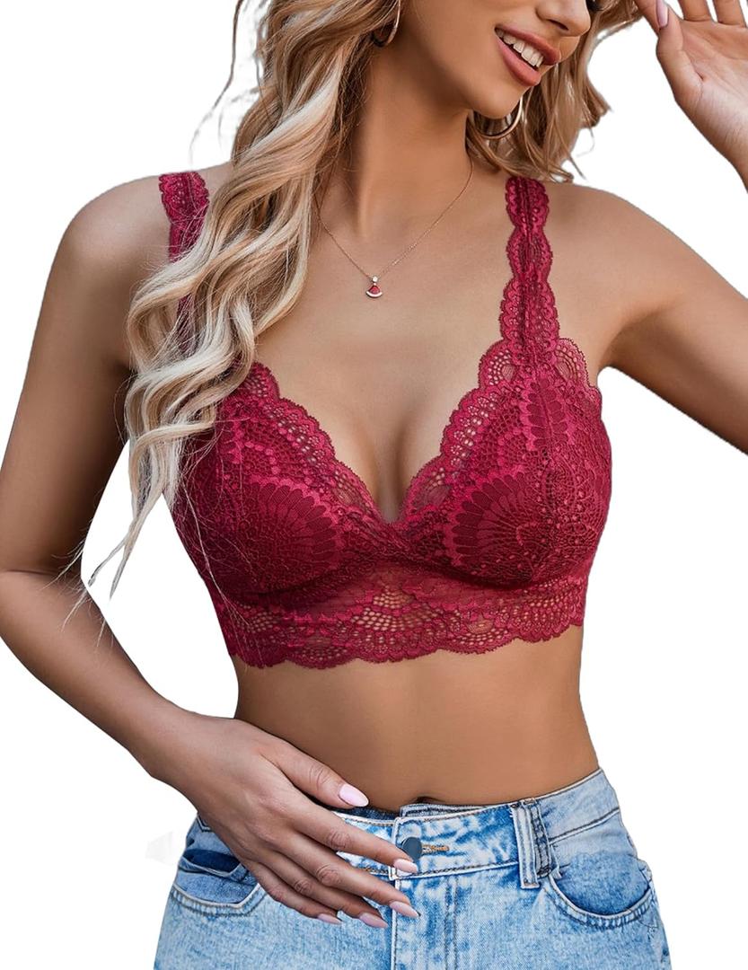 Avidlove Lace Bralettes Womens Triangle Plunge Wireless Bras Camisole Tops Cami Strappy Sexy Soft (Medium, Dark Red)
