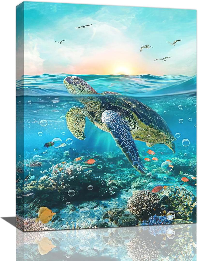 Sea Turtle Wall Art Marine Theme Ocean Pictures Wall Decor Colorful Fish Coral Beach Canvas Painting Prints Artwork Modern Home Decoration Framed for Living room Bedroom Bathroom Office 16"X20"