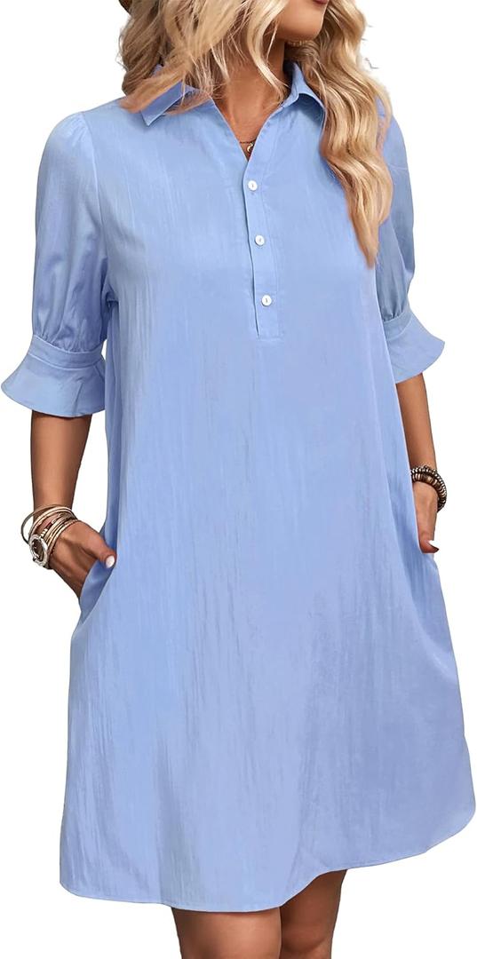 FENSACE Womens Casual Shirt Dress Ruffle Sleeve Button Down Shift Summer Dresses with Pockets (Blue, M)