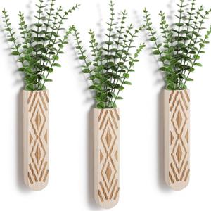 3 Pack Wood Wall Planter, Boho Wall Art for Entryway and Bathroom Decor, Modern Farmhouse Decor, Wall Decor Vase for Holding Fake Plants and Dried Flowers (Log Color-b)