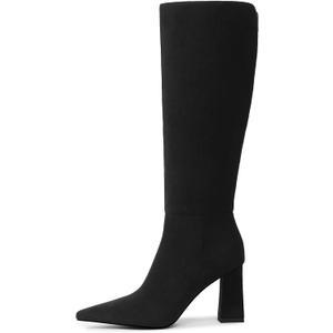 Meolee Knee High Boots for Women Chunky High Heel Long Boots Pointed Toe Leather Boots with Side Zipper (Black)