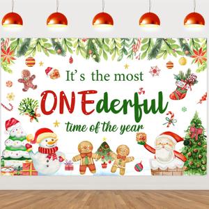 Christmas 1st Birthday Party Decoration Red Green It's the Most Onederful Time of the Year Backdrop Christmas Gingerbread Backdrop for Boy Girl First Bday Supplies Photography Background