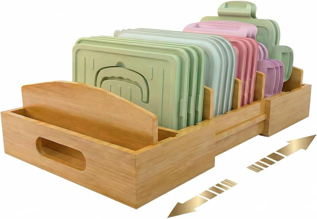 Greenwhisper Lid Organizer for Cabinet – Bamboo Kitchen Storage for Plastic Lids, Adjustable Drawer Dividers, Food Container Organizer (Fits Cabinets & Drawers) (Large)